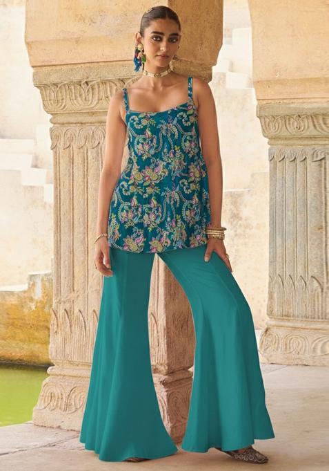 Teal Green Embroidered Crepe Sharara Set