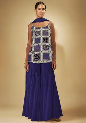 Royal Blue Printed Crepe sharara Set 