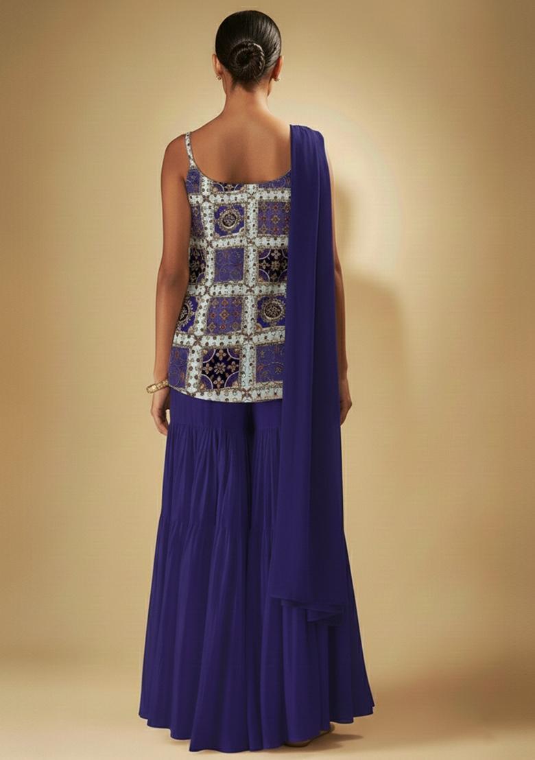 Royal Blue Printed Crepe sharara Set  - Indya