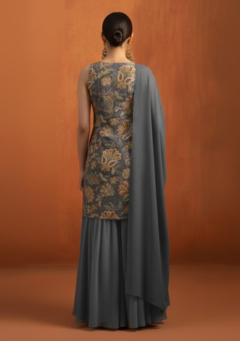 Grey Embroidery Crepe Gharara set - Indya