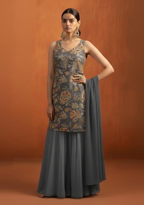 Grey Embroidery Crepe Gharara set