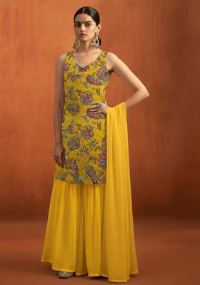 Mustard Embroidery Crepe Gharara set
