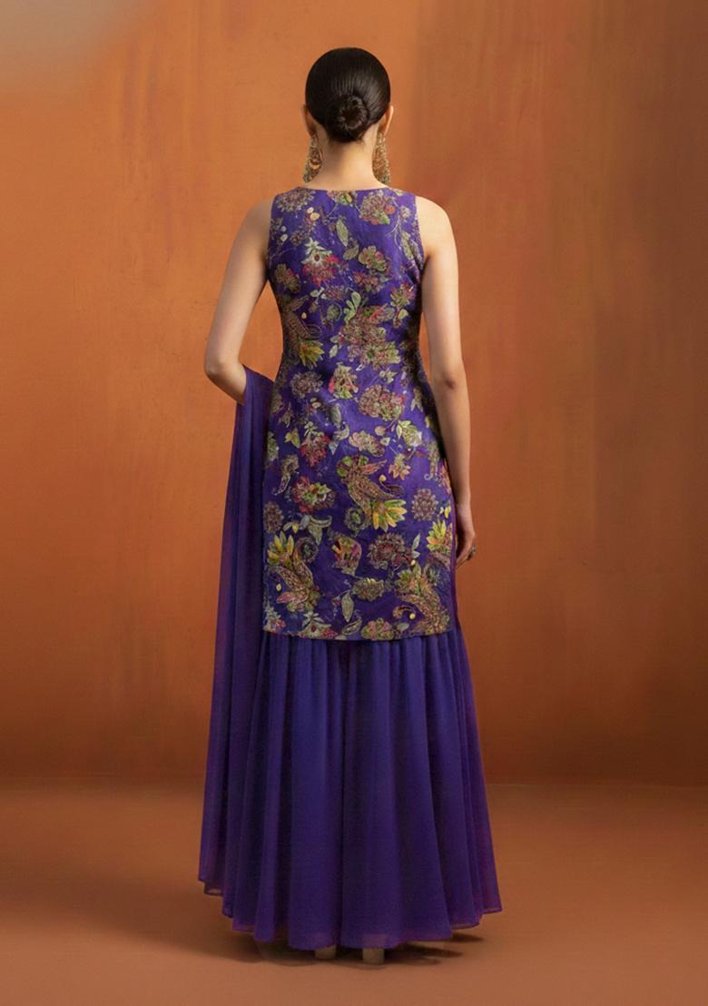 Purple Embroidery Crepe Gharara set - Indya