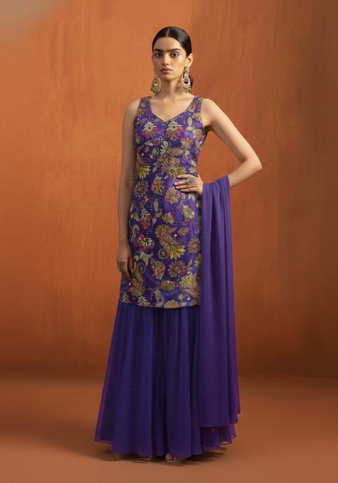 Purple Embroidery Crepe Gharara set