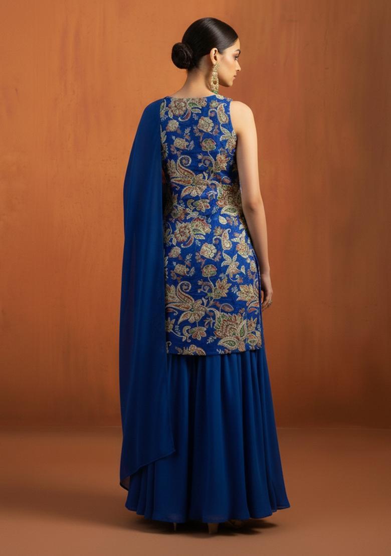 Royal Blue Embroidery Crepe Gharara set - Indya