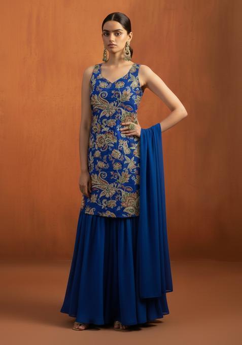 Royal Blue Embroidery Crepe Gharara set