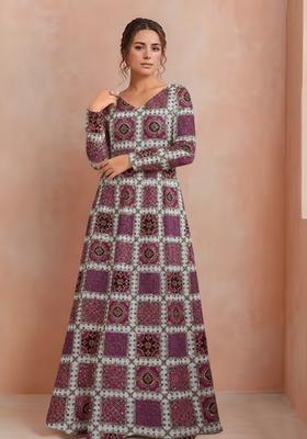 Purple Printed Crepe Anarkali Set