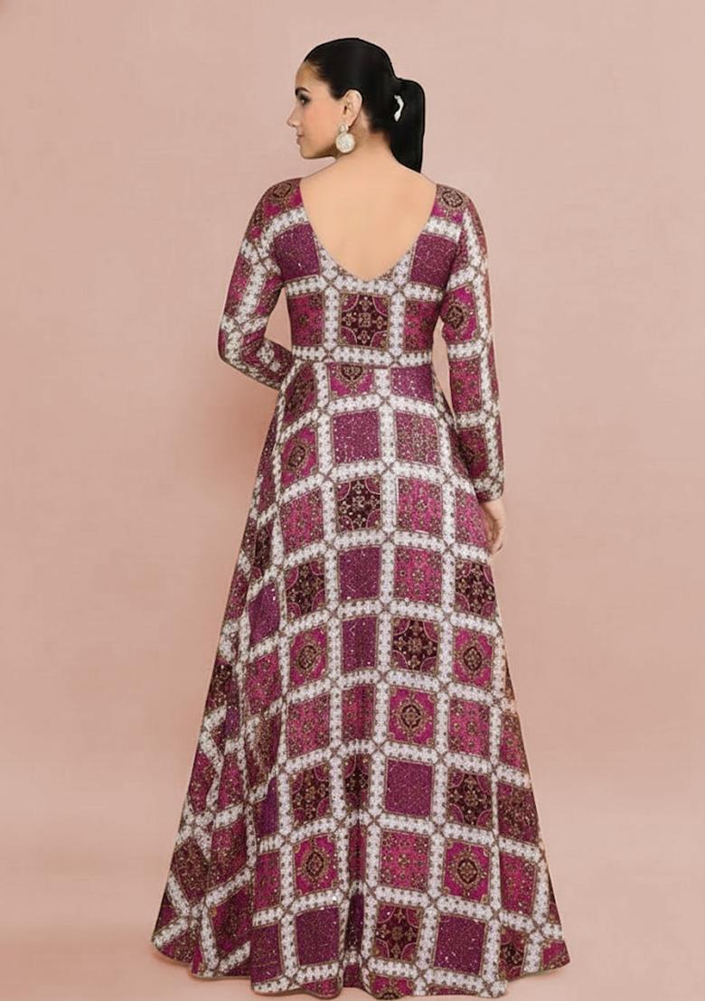 Purple Printed Crepe Anarkali Set - Indya