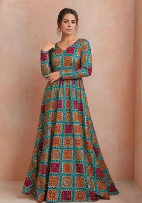 Teal Green Printed Crepe Anarkali Set