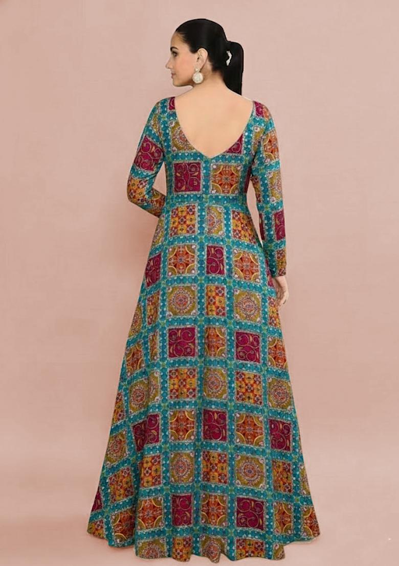 Teal Green Printed Crepe Anarkali Set - Indya