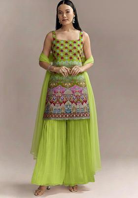Lime Green Figure Print Crepe sharara Set 