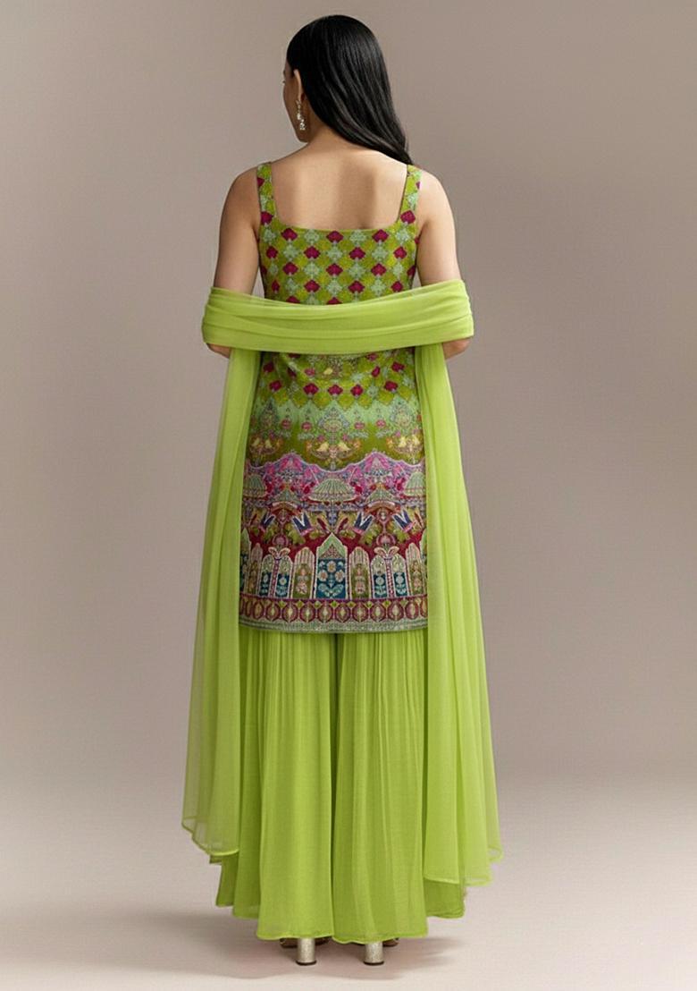 Lime Green Figure Print Crepe sharara Set  - Indya