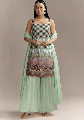 Mint Green Figure Print Crepe sharara Set 