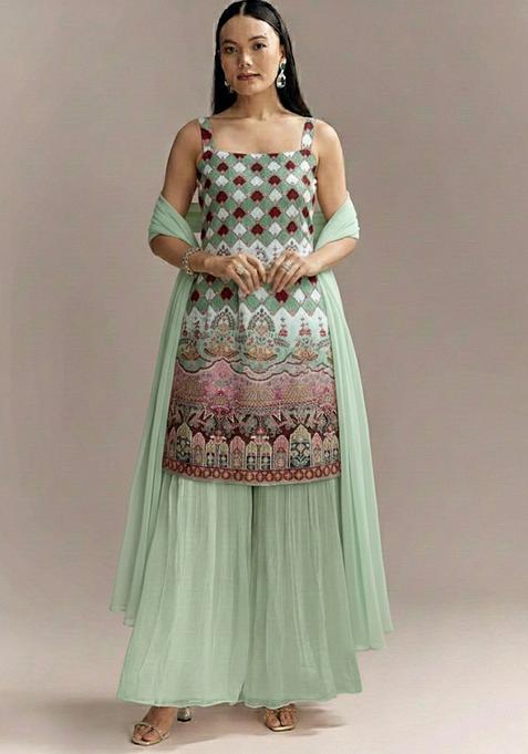 Mint Green Figure Print Crepe sharara Set 