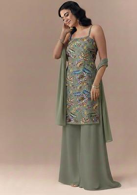 Grey Printed Crepe Palazoo Set 