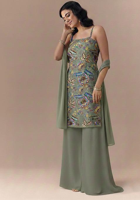 Grey Embroidered Crepe Straight Kurta Set