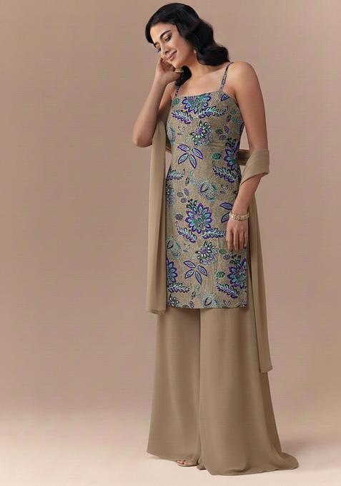 Beige Embroidered Crepe Straight Kurta Set