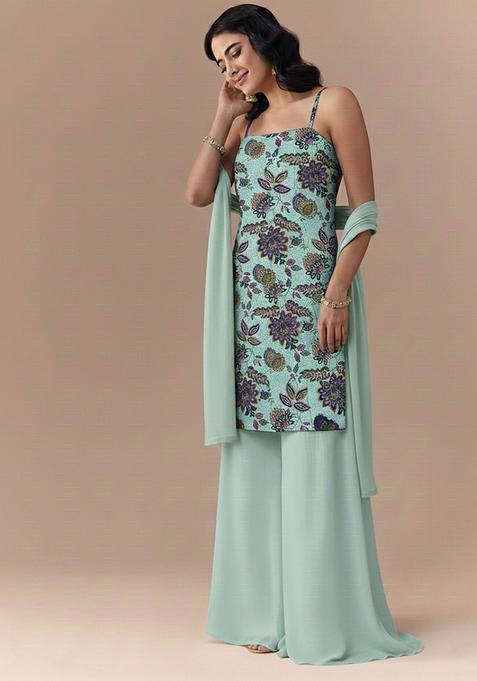 Ice Blue Embroidered Crepe Sharara Set