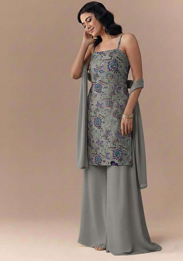 Grey Embroidered Crepe Straight Kurta Set - Indya