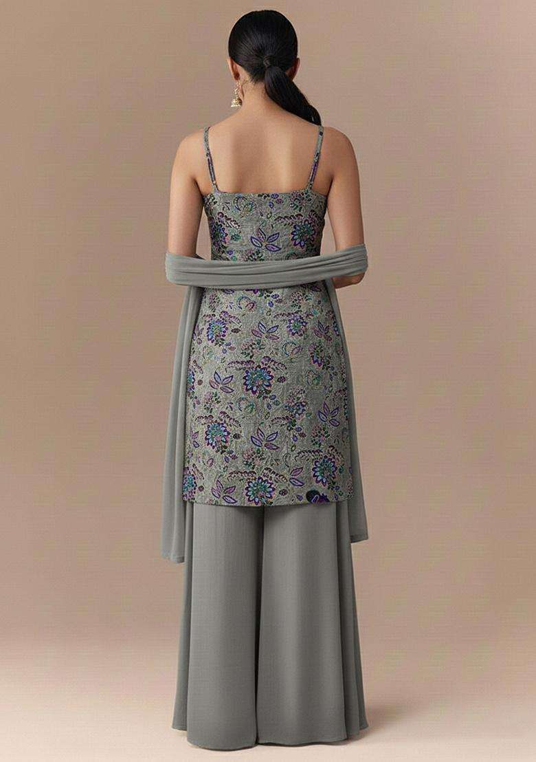 Grey Embroidered Crepe Straight Kurta Set - Indya