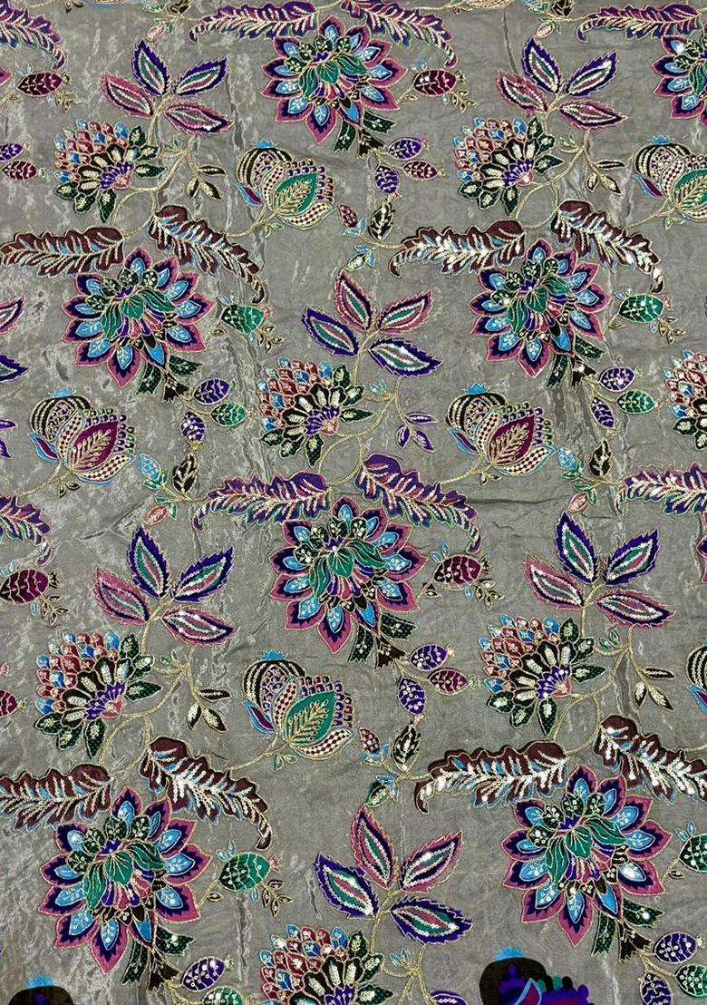 Grey Embroidered Crepe Straight Kurta Set - Indya
