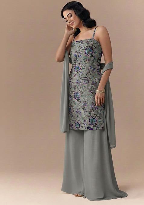 Grey Embroidered Crepe Straight Kurta Set