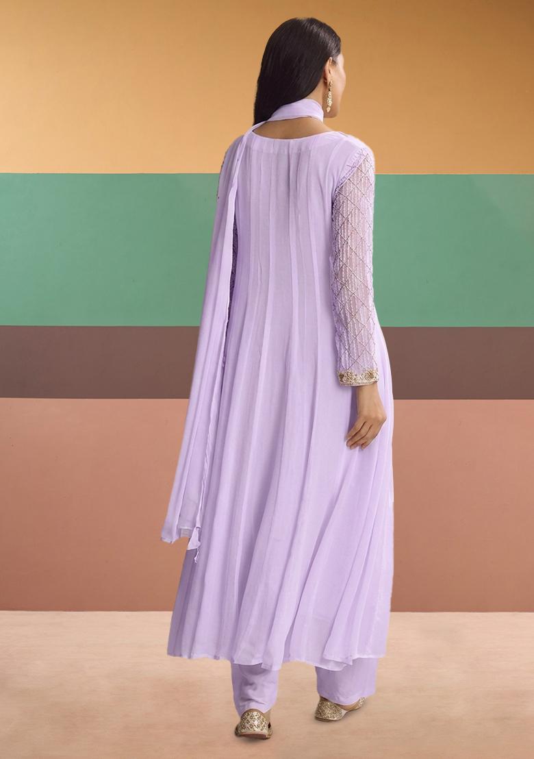 Lilac Chinon Handwork Anarkali Set - Indya
