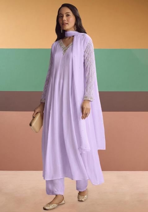 Lilac Chinon Handwork Anarkali Set