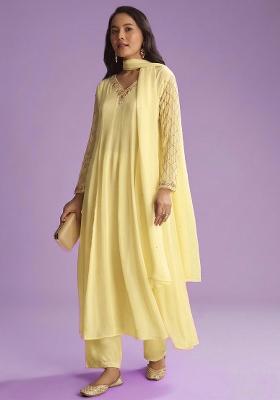 Pastel Yellow Chinon Handwork Anarkali Set