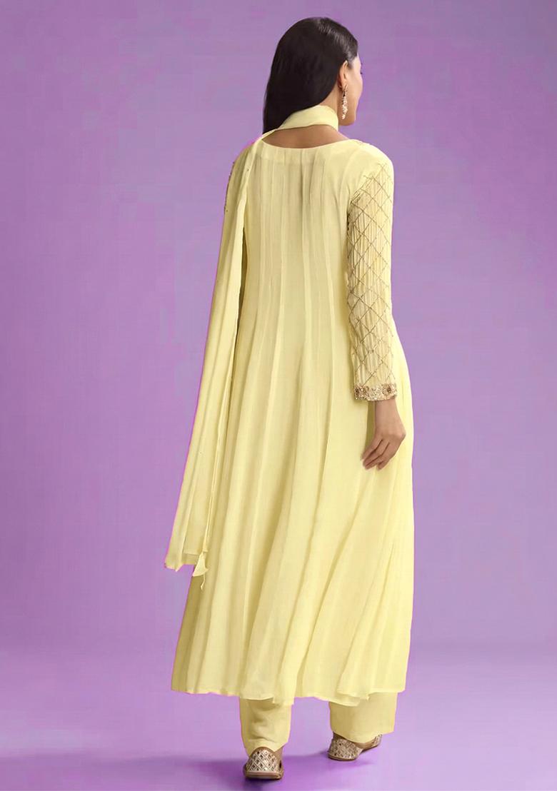 Pastel Yellow Chinon Handwork Anarkali Set - Indya