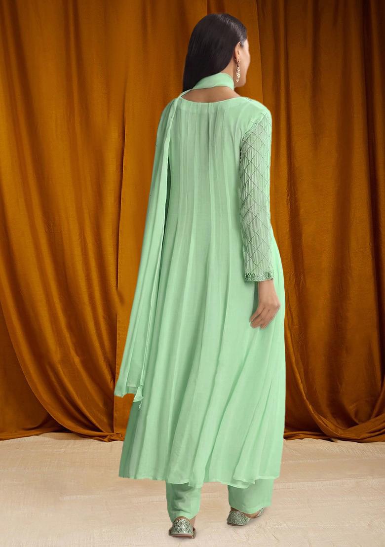 Pastel Green Chinon Handwork Anarkali Set - Indya