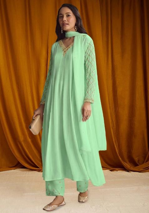 Pastel Green Chinon Handwork Anarkali Set