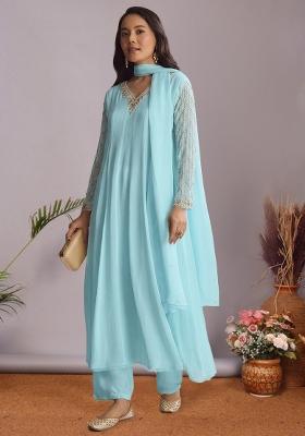 Pastel Blue Chinon Handwork Anarkali Set