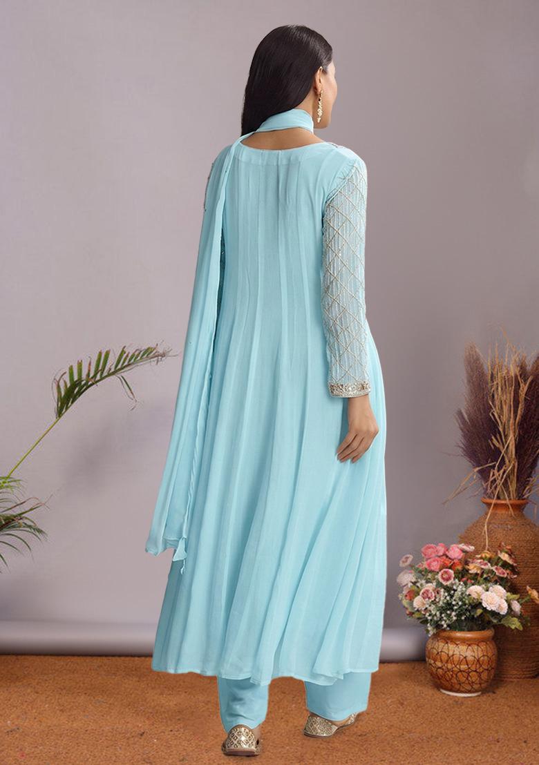 Pastel Blue Chinon Handwork Anarkali Set - Indya