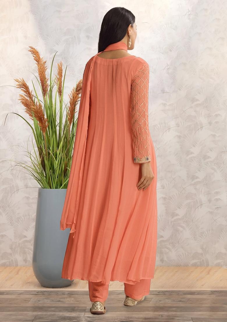 Peach Chinon Handwork Anarkali Set - Indya