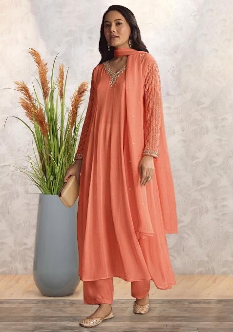 Peach Chinon Handwork Anarkali Set