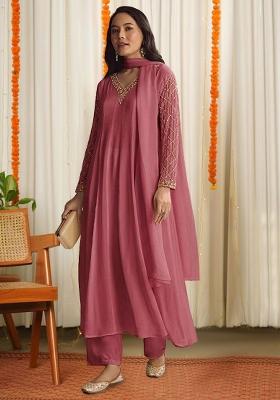 Dusty Pink Chinon Handwork Anarkali Set