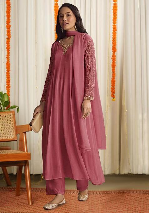 Dusty Pink Chinon Handwork Anarkali Set