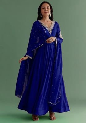 Navy Blue Chinon Handwork Anarkali With Dupatta