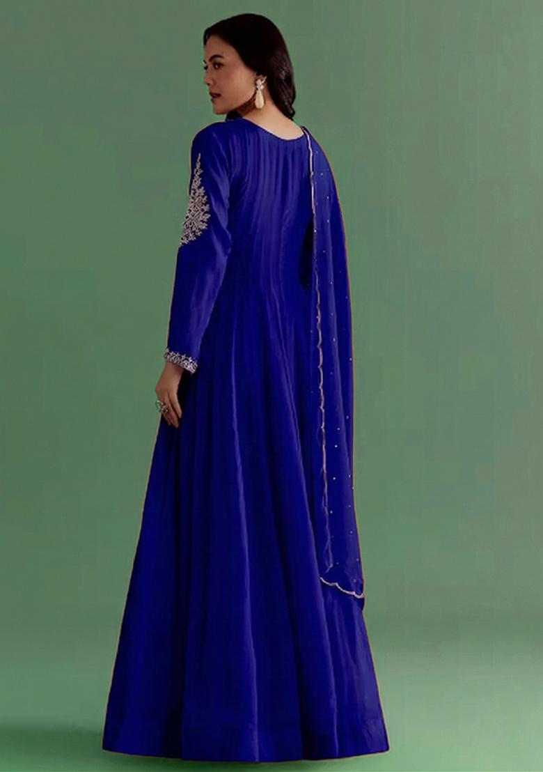 Navy Blue Chinon Handwork Anarkali With Dupatta - Indya