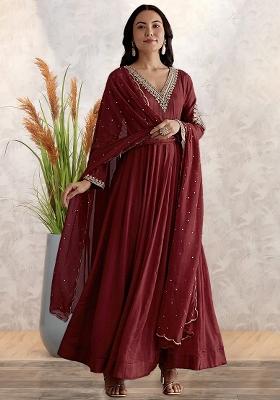 Maroon Chinon Handwork Anarkali With Dupatta