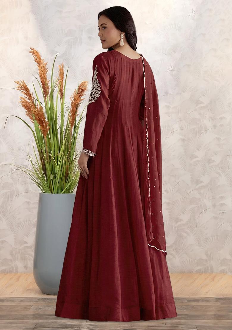 Maroon Chinon Handwork Anarkali With Dupatta - Indya