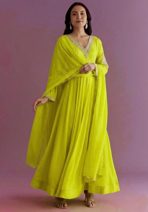 Lime Yellow Chinon Handwork Anarkali With Dupatta