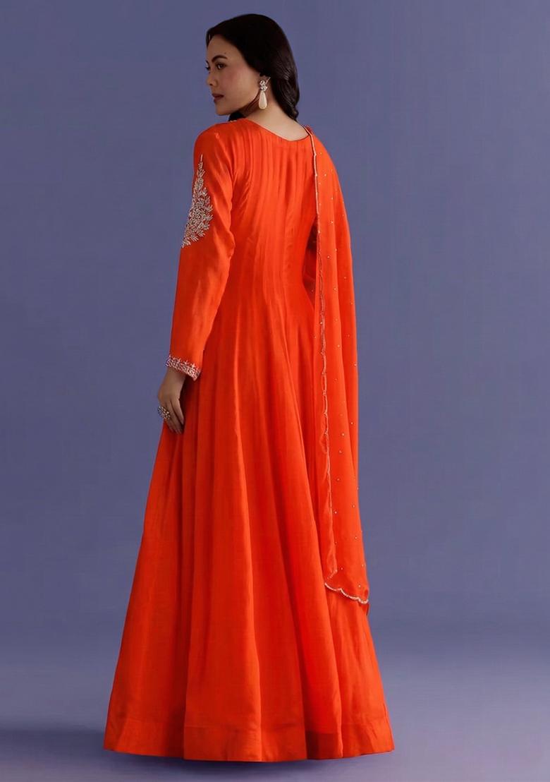 Scarlet Orange Chinon Handwork Anarkali With Dupatta - Indya