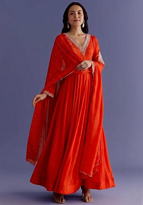 Scarlet Orange Chinon Handwork Anarkali With Dupatta