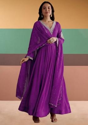 Purple Chinon Handwork Anarkali With Dupatta
