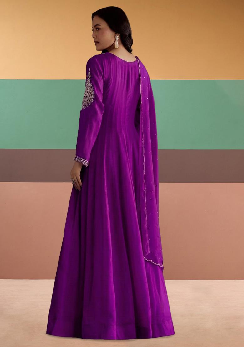 Purple Chinon Handwork Anarkali With Dupatta - Indya