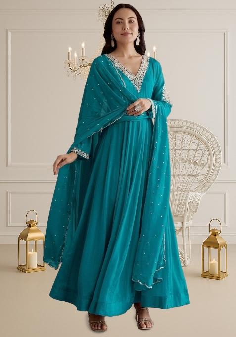 Turquoise Chinon Handwork Anarkali With Dupatta