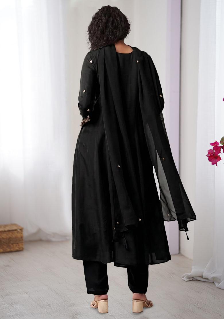 Black Dola Silk Handwork Anarkali Set - Indya