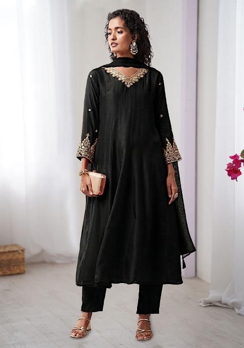 Black Dola Silk Handwork Anarkali Set